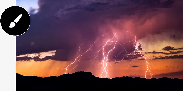 An image of a sky filled with lightning, created using Photoshop.