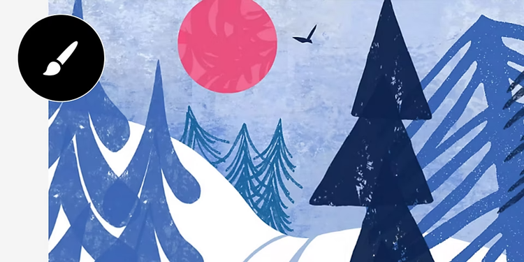 Illustrated trees in front of a mountain range bathed in orange light with brush tool icon overlaid