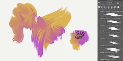 Brightly colored brush tools are demonstrated on a white background with adjustment dialog box overlaid