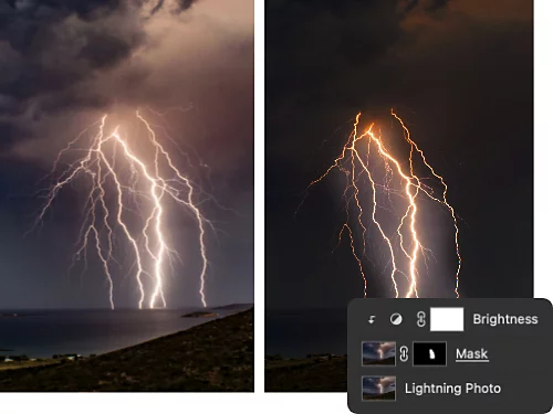 A layer mask used to perform targeted editing on a photo of lightning.