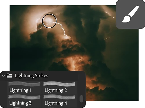 Photoshop brushes used to add a lightning effect on a picture of a dark, cloudy sky.