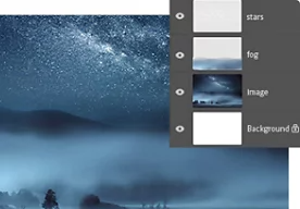 A dark and foggy valley landscape with layers dialog box overlaid