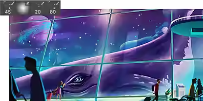 The image of a field of stars is placed on graphic art depicting a futuristic city street with brush tool editor overlaid