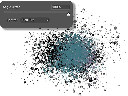 Abstract grunge splatter brush with varying degrees of distressed texture on a white background with a brush settings menu