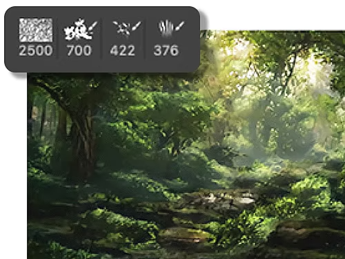 A realistic illustration of a rudimentary path along a lush forest with brush selection box overlaid