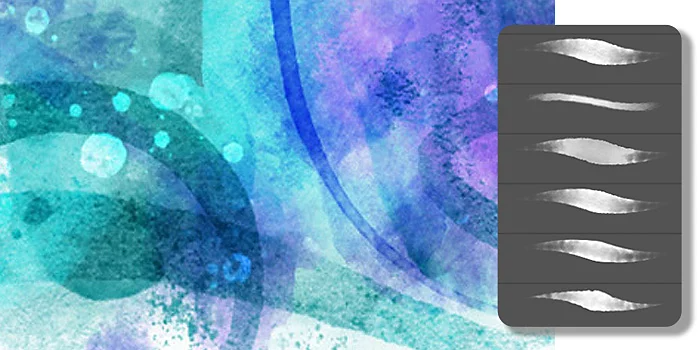 Abstract digital watercolor painting featuring curving lines and circles on a textured background in shades of teal and indigo with Photoshop brushes menu to the side.