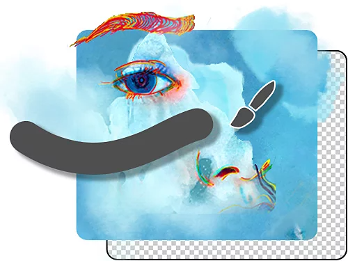 Dark gray brush stroke moving across a close-up watercolor painting of a face, all on top of a transparent background grid.