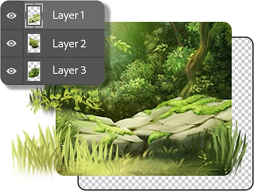 The remnants of an ancient stone structure overgrown with layers of brush foliage floating on different layers