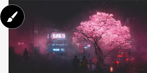 An example of a graphic created using sparkle brushes featuring a tree with bright pink leaves.