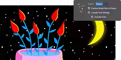 A flower pot glows in the moonlight in a minimalist drawing with brush saver settings overlaid