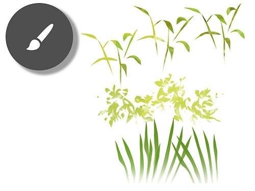 Stylized foliage brushes are sampled in watercolor with an overlay brush settings menu