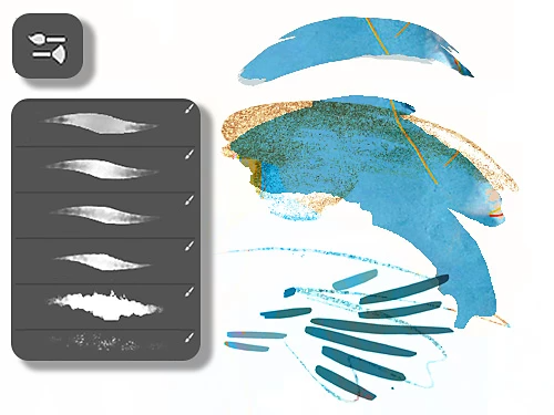 Photoshop brushes menu and example watercolor brushstrokes in blue and gold.