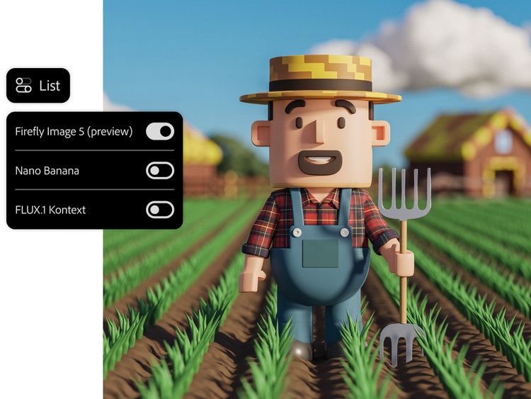 3D cartoon of a farmer standing in a field with an overlay of the partner models menu, including Nano Banana and FLUX.1 Kontext.