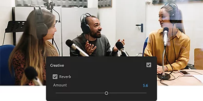 Photo of three people wearing headphones and talking into studio microphones while sitting around a table and the Adobe Premiere Pro Reverb tool panel superimposed over it