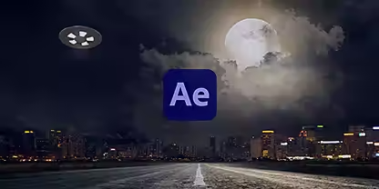 Dark, moonlit road with a hovering UFO and the Adobe After Effects logo