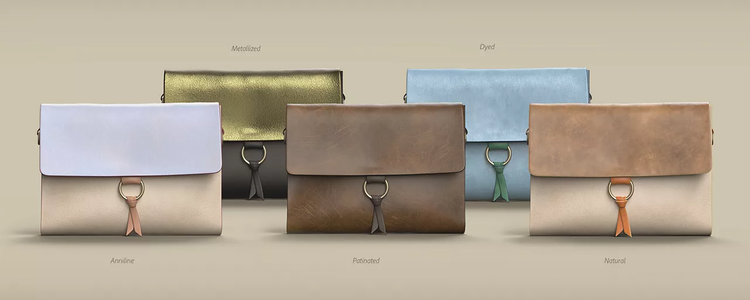 3D product models of different textures and colors on a series of square purses