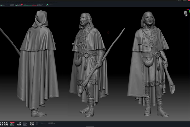 grey 3D rendering of man in cloak from front, side, and back