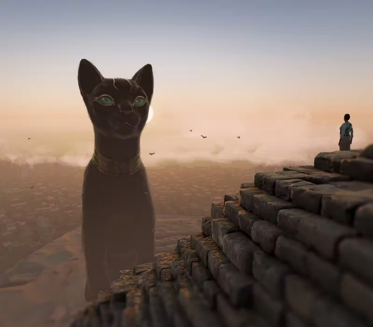 Real-time ray tracing image of a large Egyptian cat sitting next to a pyramid at sunset