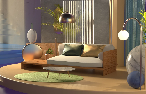3D rendering of a 1950s living room