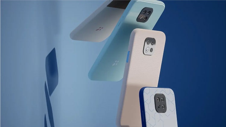 3D render of several falling smartphones with different cases