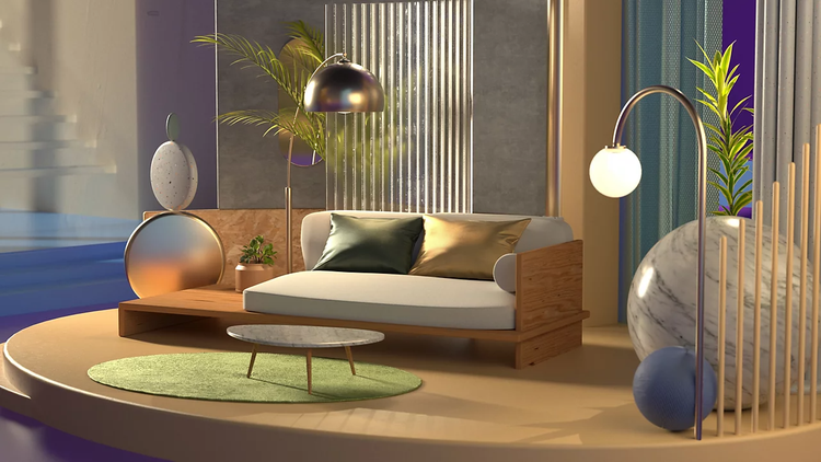 3D render of a 1950s living room