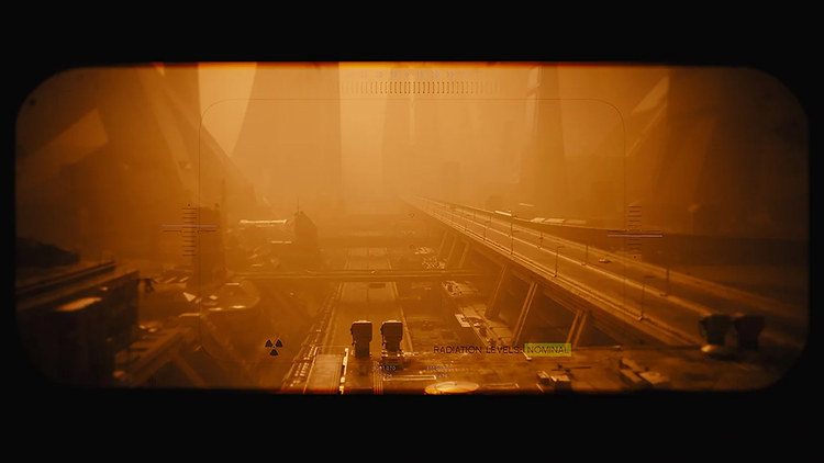 3D VFX of an orange tinted clouded cityscape