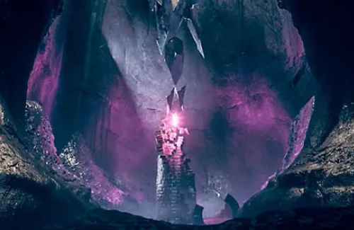 Purple cavern with a stone tower and a crystal hanging from the ceiling made from 3D models