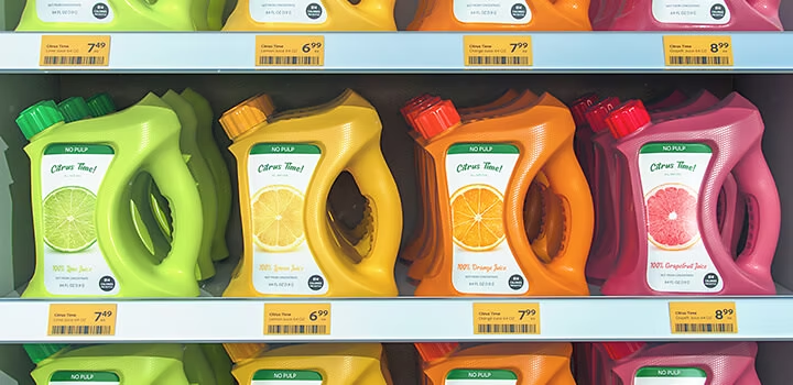 Rendering of the juice product placed on a store shelf.
