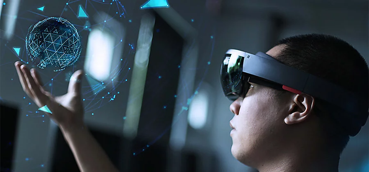 Augmented reality headset displays virtual sphere for the man to hold