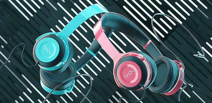 Neon headphones on a grate background.