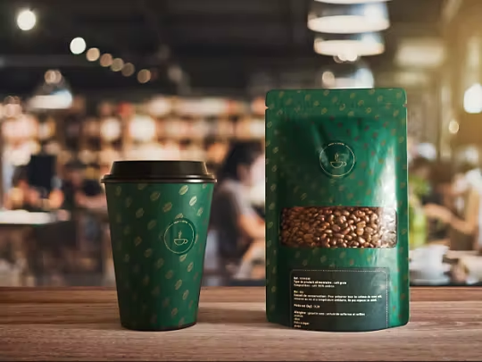 A rendered coffee cup and coffee bag with matching packaging