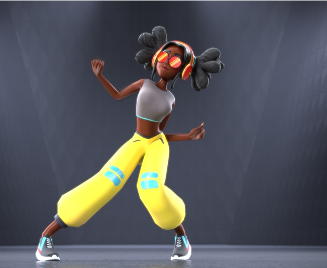graphic of a young woman dancing while wearing headphones