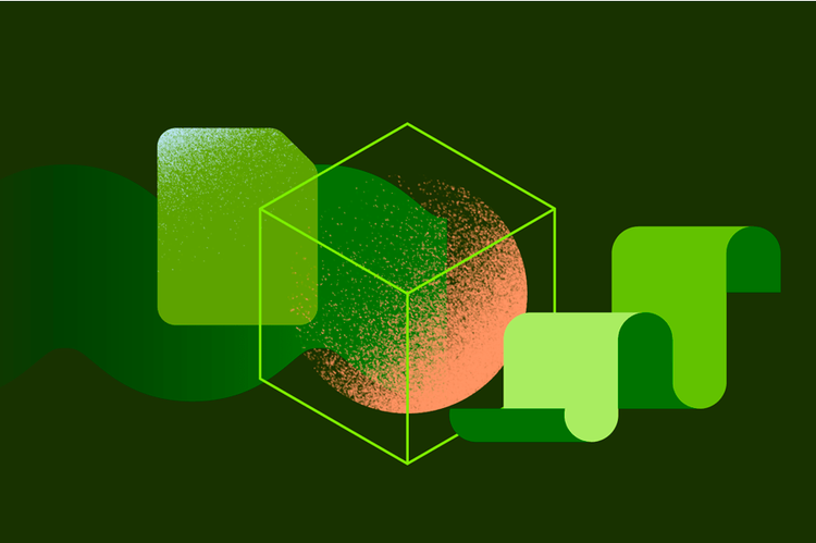 stylized shapes positioned on a green background