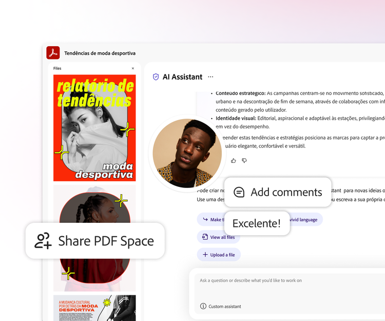 https://main--da-dc--adobecom.aem.page/dc-shared/assets/videos/acrobat/generative-ai-pdf/media_1e333cc710804d05ef085eb5562584a0c8e656d23.mp4#_autoplay1 | Uma imagem gráfica do Assistente de IA do Acrobat mostrando um espaço de trabalho com um texto “Compartilhar PDF Space”.