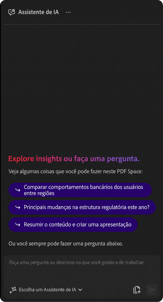 O Assistente de IA do Acrobat em um PDF Space exibindo sugestões de comandos e uma caixa de chat para fazer perguntas sobre os arquivos.