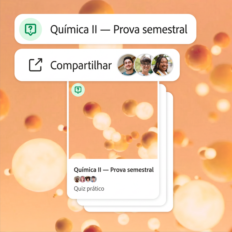 Um quiz para a prova semestral de química é compartilhado com três colaboradores. Moléculas 3D laranjas flutuam ao redor do quadro, tanto no fundo quanto na capa do conjunto de flashcards.