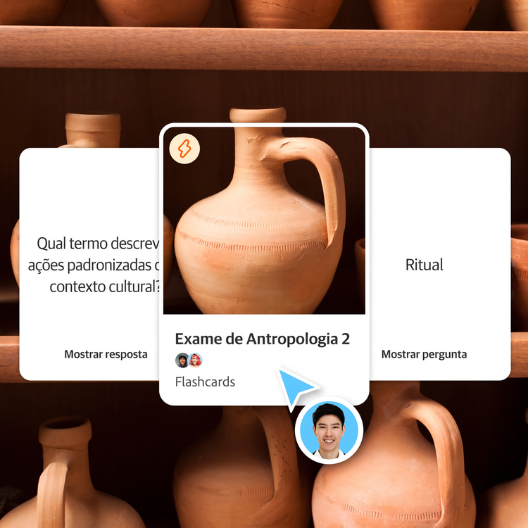 Uma panela de barro antiga aparece na capa de um conjunto de flashcards para uma prova de Antropologia. Um prompt de flashcard aparece à sua esquerda e a resposta, à direita.
