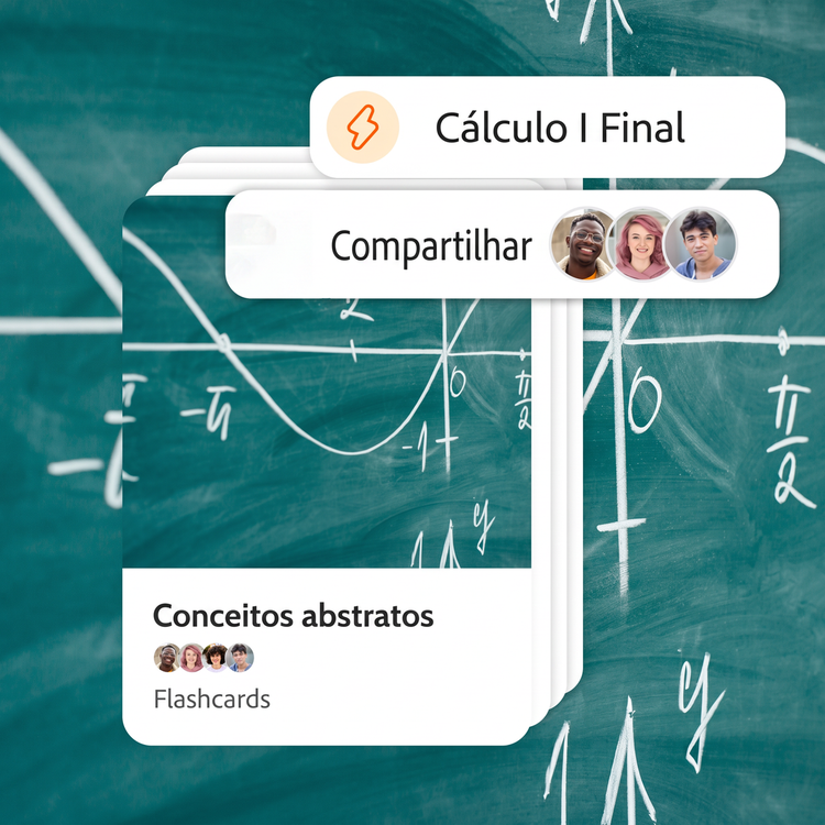 Flashcards para uma prova final de cálculo I são compartilhados com três colaboradores. Um close de um gráfico em um quadro negro serve de fundo e capa do conjunto de flashcards.