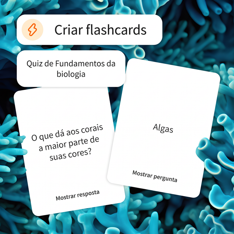 A ferramenta é acionada para criar flashcards para um quiz de fundamentos de biologia. O fundo azul vibrante com coral representa o tema do cartão.