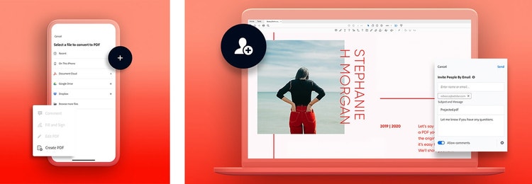 Imagem da conversão de um documento num PDF com o Adobe Acrobat junto a uma imagem de partilha de uma carta de motivação em PDF utilizando o Adobe Acrobat