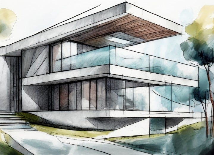 esboço arquitetônico de casa moderna minimalista feita de concreto e vidro; desenhado à mão com tinta