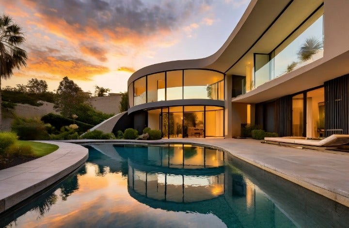 quintal de uma casa moderna com paredes curvas, paisagem exuberante e uma piscina tranquila