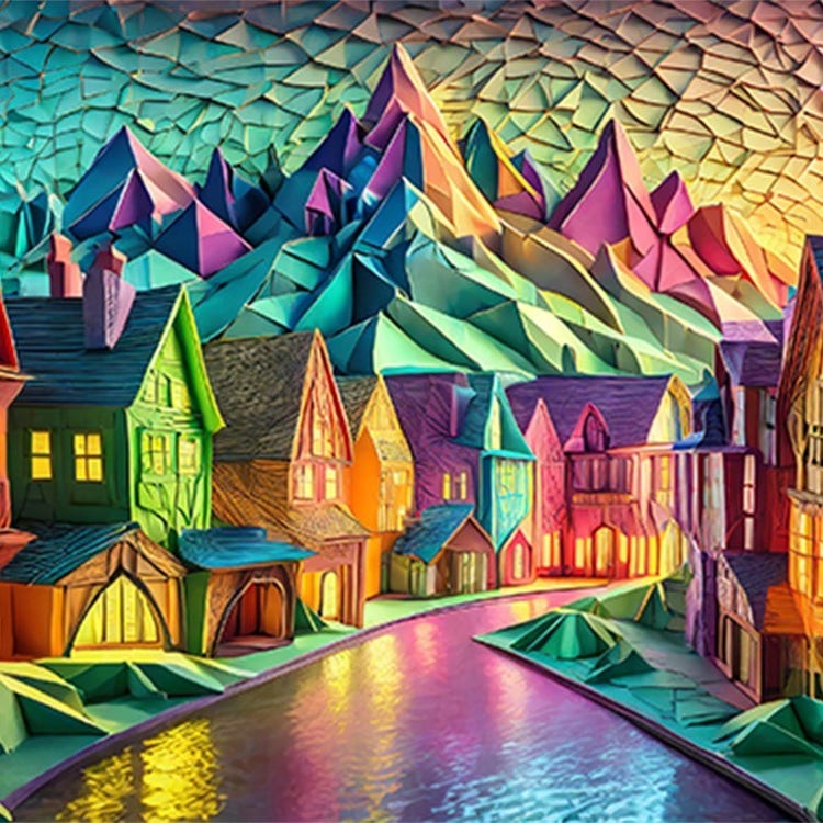 Arte conceitual gerada por IA de uma cidade nas montanhas usando o Adobe Firefly