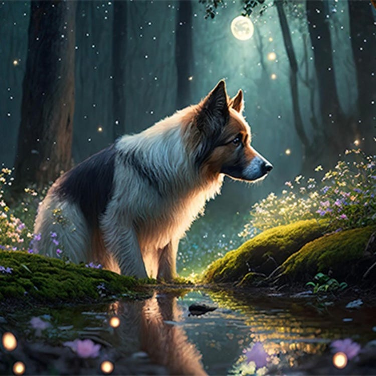 Arte gerada por IA de um cachorro em uma floresta mística usando o Adobe Firefly