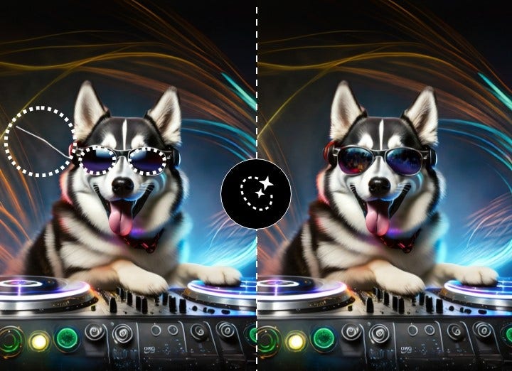 Imagem gerada pela IA do Firefly. Comando: dj husky siberiano com óculos de sol e língua para fora com pata no disco, longa exposição, arte digital