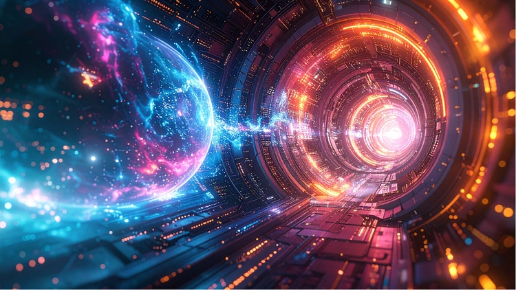 Imagem criada por IA generativa de energia viajando através de uma nave espacial.