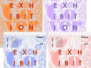 Panfleto de exposição gerado pelo Firefly com quatro paletas de cores laranja, roxo, azul e rosa demonstrando variações de arte de IA