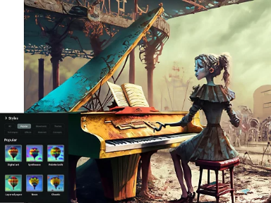 Arte gerada pelo Firefly de garota tocando piano, com sobreposição mostrando os estilos populares de arte de IA disponíveis