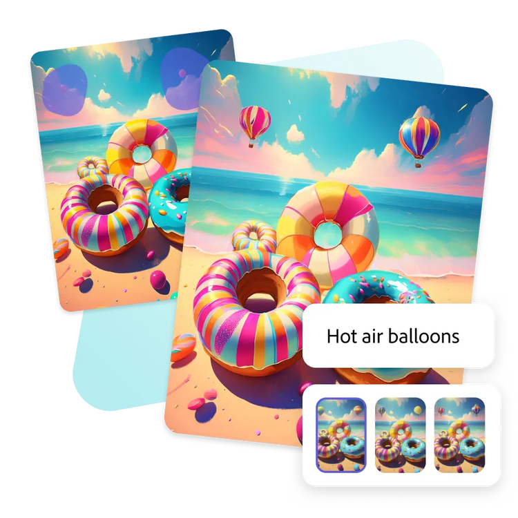 Boias de rosquinhas coloridas na praia com balões de ar quente ao fundo geradas no Adobe Express