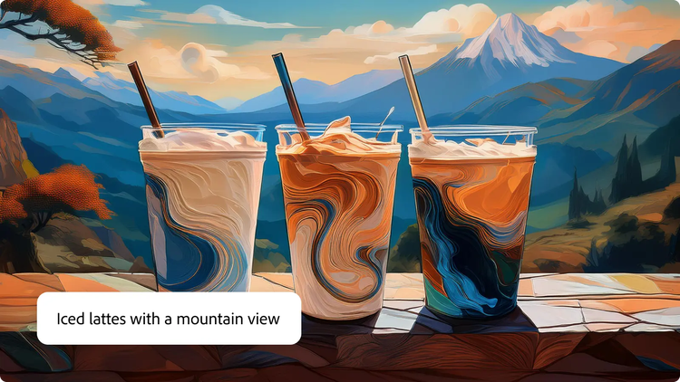 Arte abstrata de lattes gelados sobre uma mesa com montanhas ao fundo gerada no Adobe Express